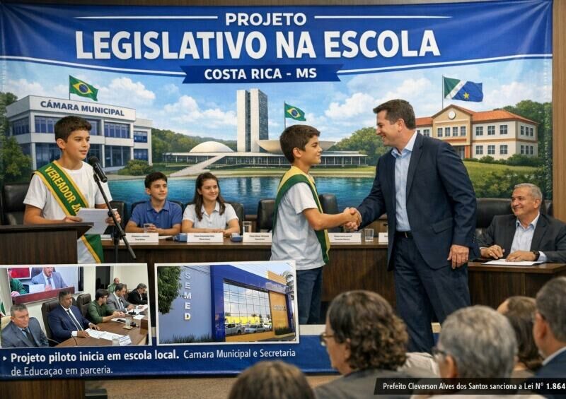 Imagem de compartilhamento para o artigo Prefeito Delegado Cleverson sanciona lei que cria o projeto “Legislativo na Escola” em Costa Rica da MS Todo dia